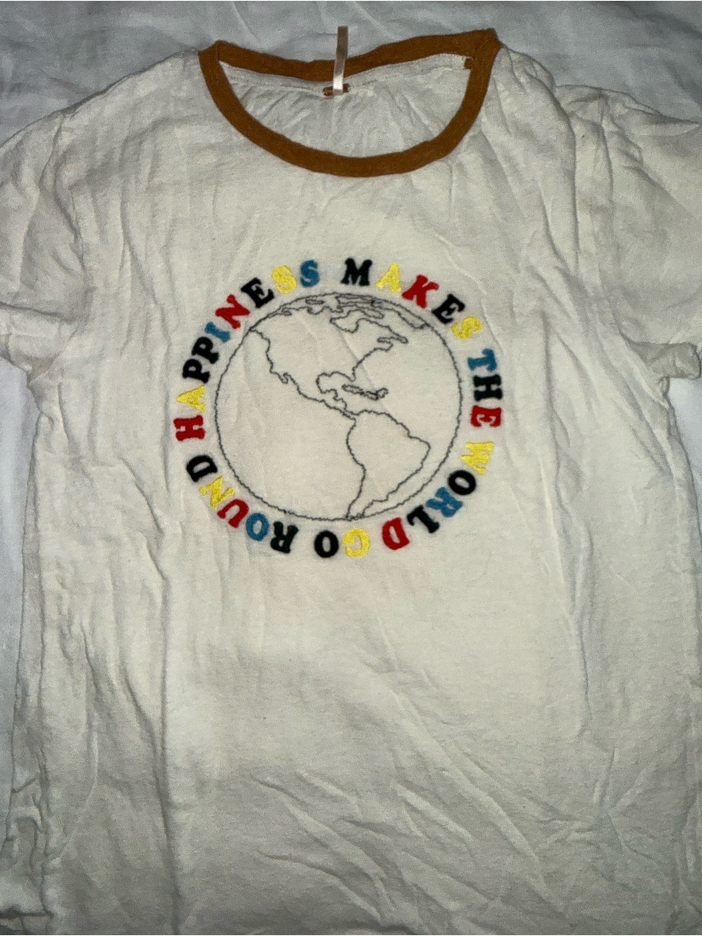 Free People Cream Tee with Brown Trim - 'Happiness Makes the World Go Round'